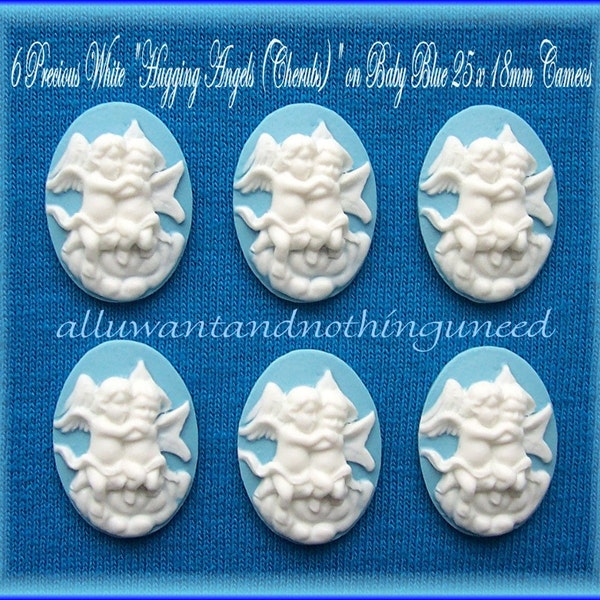6 Christian Religious 2 Hugging GUARDIAN ANGELS Cameos 25mm x 18mm White on Bright Baby Blue Cameo Lot for Making Costume Jewelry