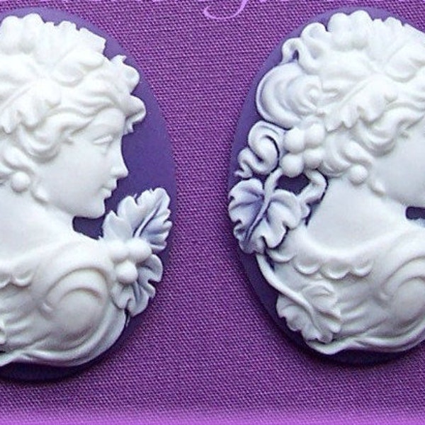 2 White Grecian Goddess of the Harvest Demeter with Grapes on PURPLE or Dark Lavender 40mm x 30mm Cameo Resin Cameos Lot for Costume Jewelry