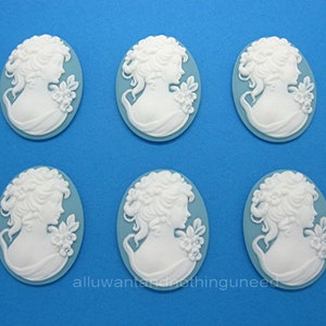 6 White on Baby Blue Pretty Lady Goddess Adorned with Flowers 25mm x 18mm Cameo Resin Cameos Cabochons Lot for Making Costume Jewelry