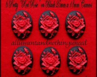 150 Unset Gorgeous True Bright Red Roses on Black 25mm x18mm Cameos Floral Flower Rose Cabachons Cameos for Making Costume Jewelry for Scott