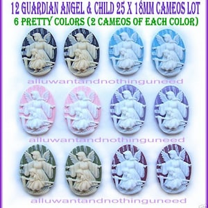 12 Christian Religious Christain GUARDIAN ANGEL & CHILD at Bridge 25mm x 18mm (6 Pairs in 6 Different Colors) Cameos Lot for Costume Jewelry
