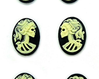 6 (3 Left & Right facing Pairs) Goth Punk Halloween Ivory on Black LADY SKULL 18mm x 13mm CAMEOS Lot Skeleton Day of Dead Lolita Earrings