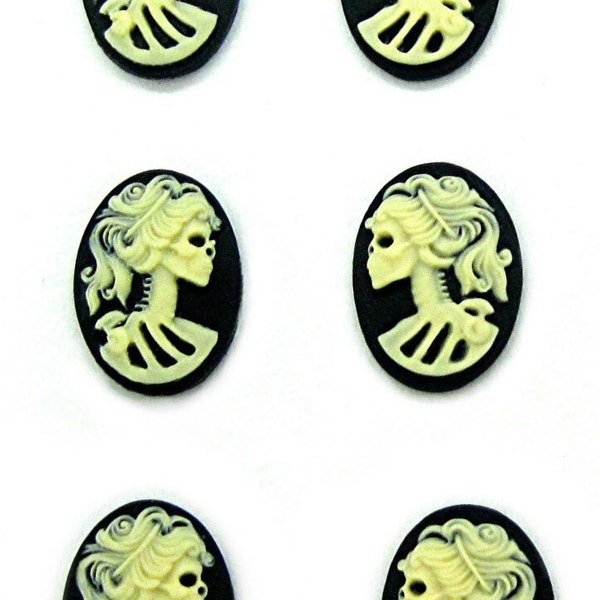 6 (3 Left & Right facing Pairs) Goth Punk Halloween Ivory on Black LADY SKULL 18mm x 13mm CAMEOS Lot Skeleton Day of Dead Lolita Earrings