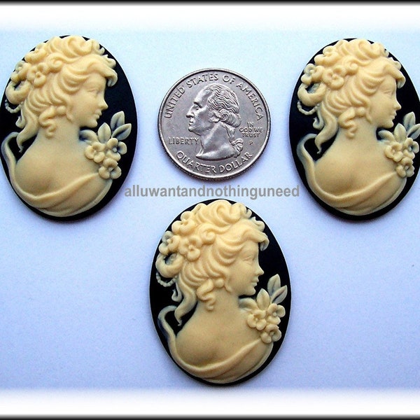 3 Ivory Color on Black Pretty Lady Goddess Adorned with Flowers 40mm x 30mm Cameo Resin Cameos Lot for Making Costume Jewelry