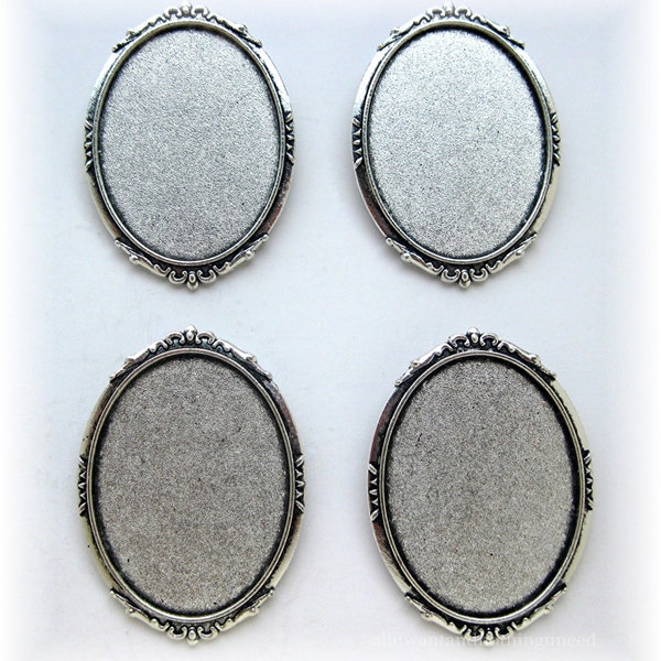4 Antiqued SILVERTONE ROMANTIC Style Brooch 40mm x 30mm CAMEO Frames Settings Pin Mountings for Making Costume Jewelry Crafts