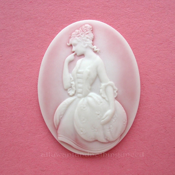 2 White on a Pink Swirl Mist Background Marie Antoinette or Lady with Puffy Dress 40mm x 30mm Resin Cameos for Making Costume Jewelry