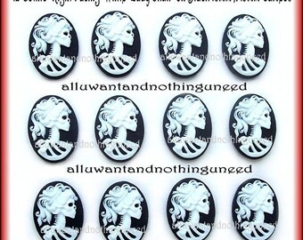 12 Goth Punk Halloween White Right facing LADY SKULL (6 Pairs) 18mm x 13mm CAMEOS Lot  Goth Emo Skeleton Day of Dead Lolita Costume Jewelry