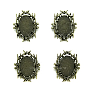 4 Antiqued Silvertone or Bronzetone Hartley Antler Style 25mm x 18mm CAMEO Pin Brooch Settings Frames to make Cameo Costume Jewelry Crafts