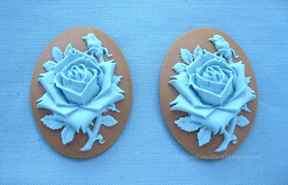 2 Roses Rose Fleur Bleu Ciel Lumineux Couleur Bronzage Robin Egg Moucheté Fond Floral 40 Mm X 30 Mm Résine Camées Lot De Bijoux Fantaisie