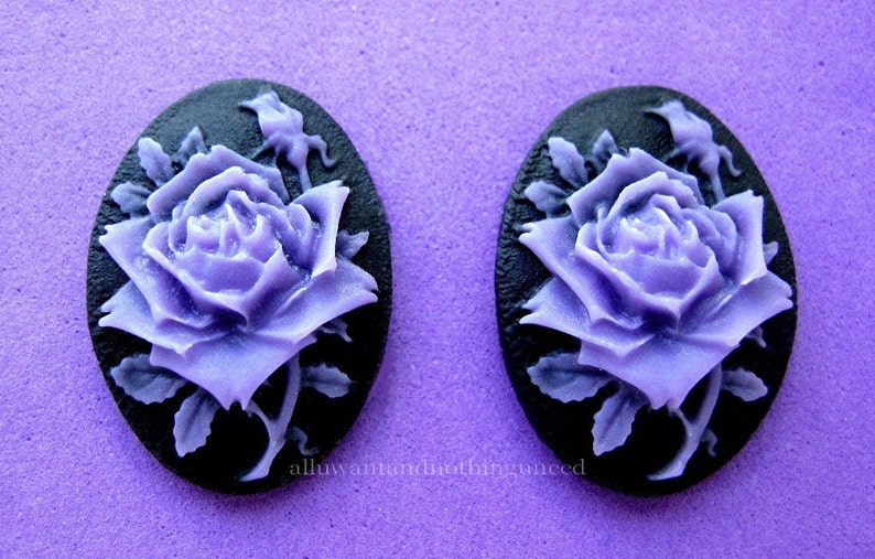 6 Roses Floral Rose Flower Purple or Dark Lavender Color on Black 25mm x 18mm Resin CAMEOS LOT for Making Costume Jewelry