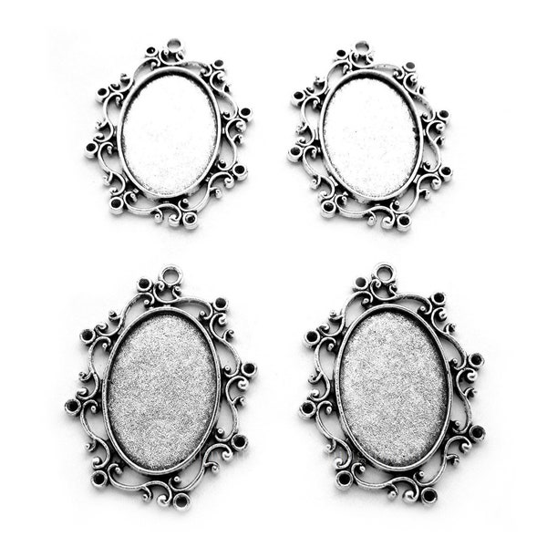 4 ANTIQUED Silvertone 30mm x 20mm Cameo MEREDITH Goth Gothic Style Settings Frames Pendant Pendants for Making Costume Jewelry or Crafts