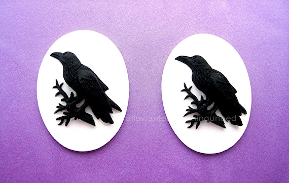 6 BLACK BIRD GOTH CROW RAVEN on BLACK 25mm x 18mm Costume Jewelry CAMEOS EMO