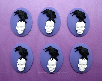 6 Black on PURPLE Crow Raven on Human Skull Blackbird Black Bird Witch Halloween Goth Emo 25mm x 18mm Resin CAMEOS LOT for Costume Jewelry