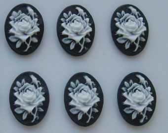 6 (3 Pairs) 18mm x 13mm Petite Open Rose Rosebud Flower Roses White Color on Black CAMEOS Lot Cabochons Cameo for Making Costume Jewelry