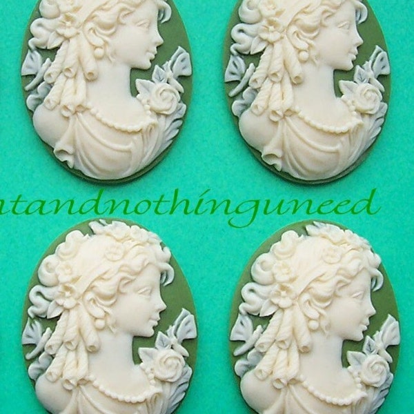 4 IVORY Color on IRISH GREEN Lady Goddess with Long Curls Adorned with Dragonflies and Flowers 40mm x 30mm Cameo Cameos Costume Jewelry