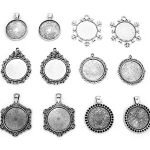 12 (6 Pairs) Assorted Styles ANTIQUED SILVERTONE Round 25mm Pendant Pendants Settings LOT B Frames Costume Jewelry Cameo Cabochons Cameos