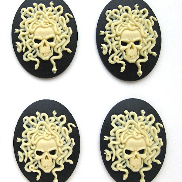 4 Medusa Skull w/ Snakes Gothic Gorgon 40mm x 30mm Cameo Ivory Color on Black Resin Cameos Lot for making Costume Jewelry