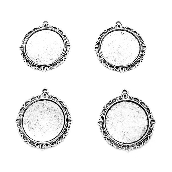 4 ANTIQUED SILVERTONE Lightweight Round 25mm VERSAILLES style Pendant Pendants Settings Frames Costume Jewelry for Cameo Cabachons Cameos