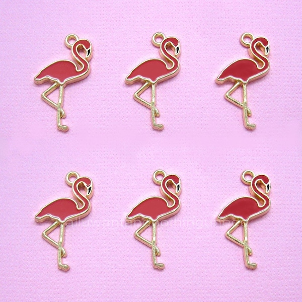 6 Goldtone Gold Tone Bright PINK FLAMINGO Flamingos Pendant Charms Pendants for making Costume Jewelry Crafts Necklaces 26mm x 14mm x 3mm