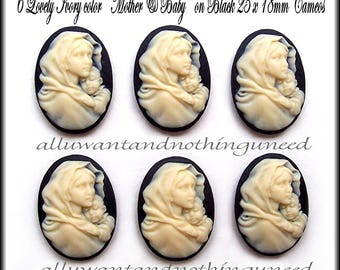 6 Christian Religious 25mm x 18mm MOTHER Holding CHILD or MADONNA and Baby Jesus Ivory Color on Black Cameos Lot to Make Costume Jewelry