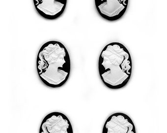 6 (3 Pairs) Right & Left Facing WHITE Color on Black 18mm x 13mm Classic PONYTAIL LADY Profile Cameos Lot Cabochons Cameo Costume Jewelry