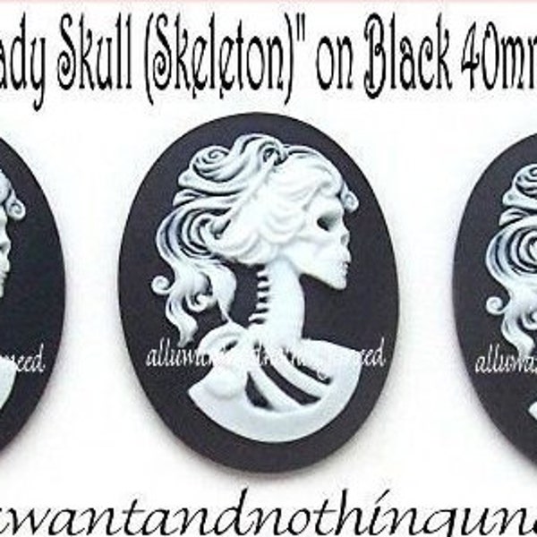 3 Goth Punk Halloween Lolita White color LADY SHE SKULL on Black 40mm x 30mm Cameos Goth Emo Skeleton Day of Dead Cabochons Costume Jewelry