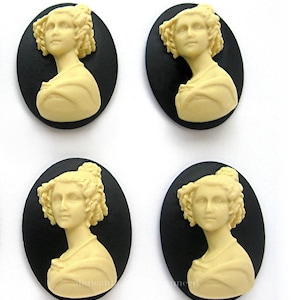 4 Ivory Color on Black Background French Victorian Lady w/ Ringlets Cameo 40mm x 30mm Resin Unset Cameos for Making Costume Jewelry Crafts