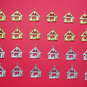 24 (12 pairs) SMALL Nativity Manger Christmas Pendants 19mm x 15mm x 5mm 12 Goldtone & 12 Silvertone Costume Jewelry for Earrings Necklaces