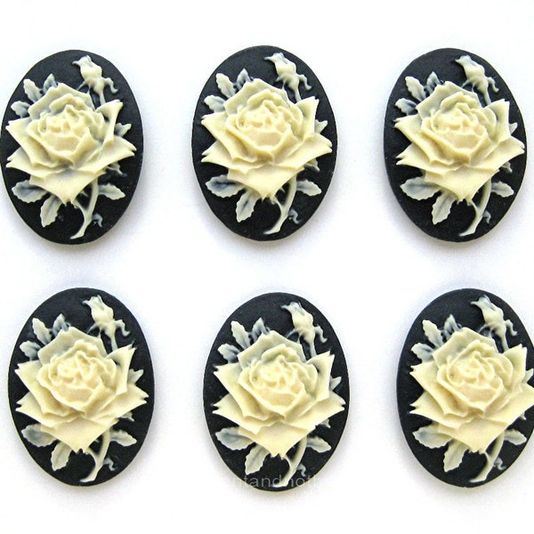 6 Roses Rose Flower Ivory Color on Black 25mm x 18mm Resin CAMEOS LOT for Making Costume Jewelry