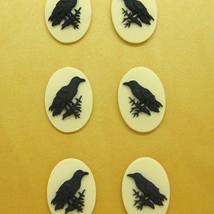 3 Matching Pairs Left & Right Goth Crow Raven Blackbird Wiccan Emo Black on Ivory color 18mm x 13mm Cabachons CAMEOS LOT Costume Jewelry