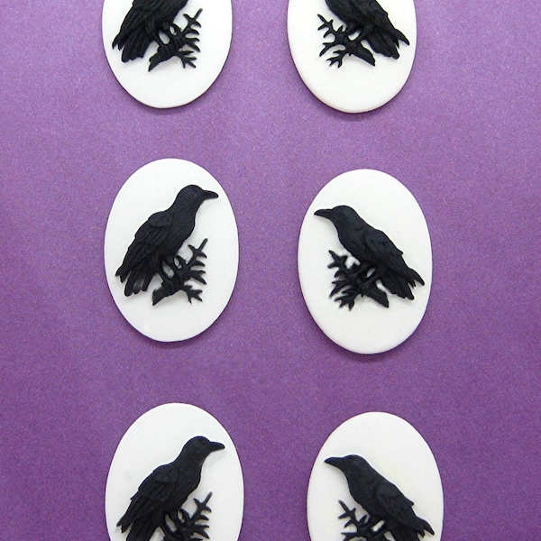 3 Matching Pairs Left & Right Goth Crow Raven Blackbird Wiccan Emo Black on WHITE 18mm x 13mm Cabachons CAMEOS LOT Costume Jewelry