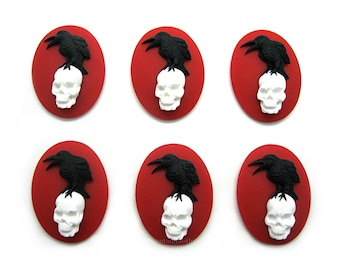 6 Goth Black on Blood Red Crow Raven on Human Skull Blackbird Black Bird Wiccan Halloween Emo 25mm x 18mm Resin CAMEOS LOT Costume Jewelry