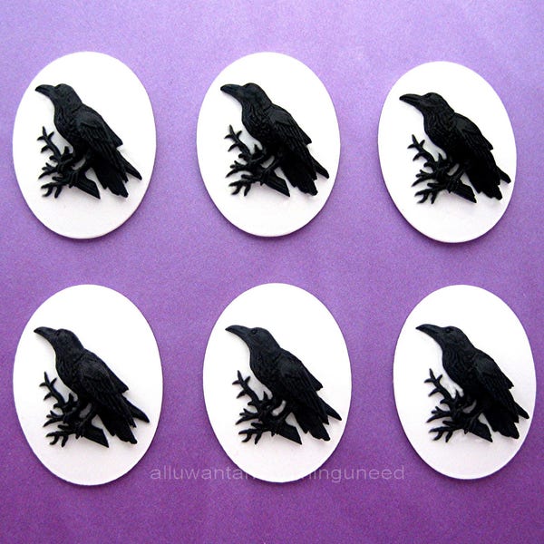 6 Goth Black on WHITE Crow Raven Blackbird Black Bird Witch Wiccan Voodoo Halloween Emo 25mm x 18mm Resin CAMEOS LOT for Costume Jewelry