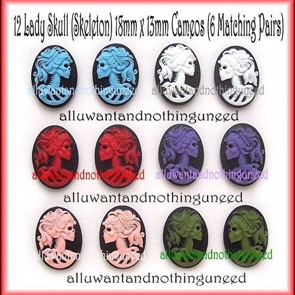 12 Goth Punk Halloween Lolita Pirate LADY SKULL (6 Pair) 18mm x 13mm CAMEOS Lot A Goth Emo Skeleton Day of Dead Cabachons Costume Jewelry