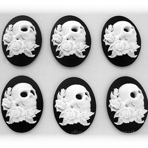 6 Goth Punk Halloween Pirate WHITE on Black SKULL w Tattoos & Roses 25mm x 18mm CAMEOS Lot Goth Emo Skeleton Halloween Emo Costume Jewelry