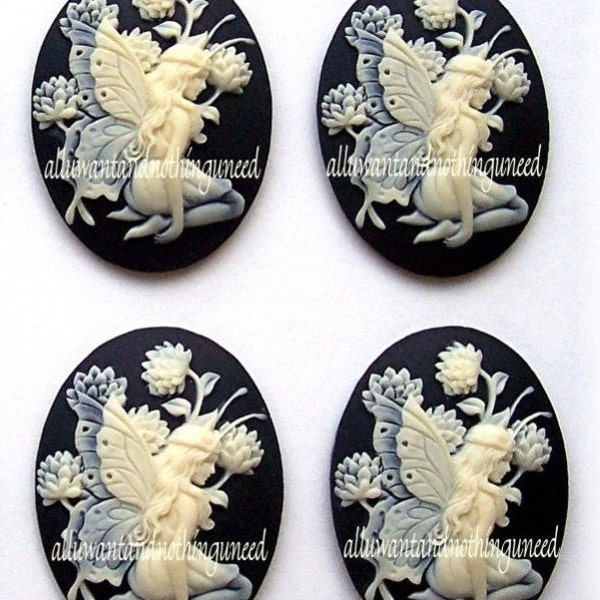 Lote de 4 camafeos de resina color marfil de hadas y cardo sobre negro de 40 mm x 30 mm para hacer bisutería