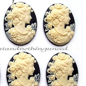 4 Ivory Color on Black Rose Goddess 40mm x 30mm Cameo Resin Cameos Lot for Making Costume Jewelry