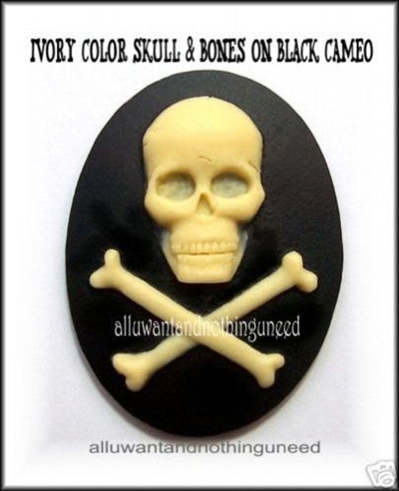 4 Goth Punk Zombie Dead Goth Punk Halloween Emo SKULL and Bones Ivory Color on Black 40mm x 30mm Resin Cameos Costume Jewelry image 3