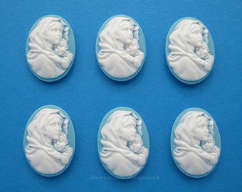 6 Christian Religious White on Baby Blue or Sky Blue Color 25mm x 18mm MOTHER Holding CHILD MADONNA Baby Jesus Cameos Lot Costume Jewelry