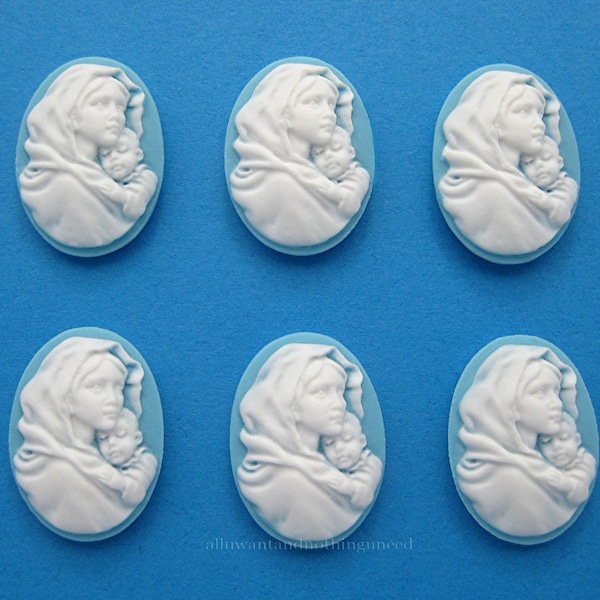 6 Christian Religious White on Baby Blue or Sky Blue Color 25mm x 18mm MOTHER Holding CHILD MADONNA Baby Jesus Cameos Lot Costume Jewelry
