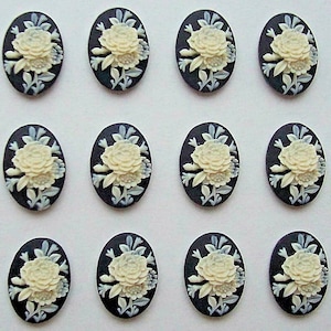12 (6 Pairs) 18mm x 13mm Petite Rose Floral Bouquet Flower Roses Ivory Color on Black CAMEOS Lot Cabachons Cameo for Making Costume Jewelry