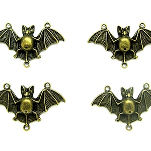 4 Antiqued Brass or Bronze Tone Gothic Emo Vampire Bat Pendant Pendants Charms w/ 3 Loops for Costume Jewelry Crafts Halloween Necklaces