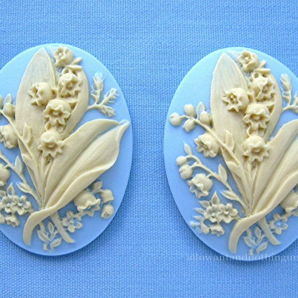 2 Ivory Color on Light Baby Blue Lily of the Valley Bouquet Floral May Birth Flower 40mm x 30mm Resin CAMEOS LOT for Costume Jewelry Crafts