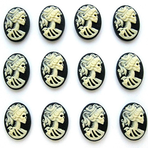 12 Goth Punk Emo Ivory on Black Right Facing LADY SHE SKULL 6 Pairs 18mm x 13mm Cameos Lot Gothic Skeleton Halloween Lolita Costume Jewelry