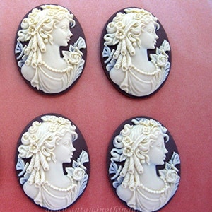 4 IVORY Color on DARK Coffee Brown Lady Goddess w/ Long Curls Adorned with Dragonflies and Flowers 40mm x 30mm Cameo Cameos Costume Jewelry