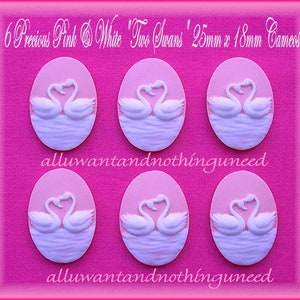 6 White On Light Pale Pink/Peach Color Sweetheart Swans Valentine Love Birds Cameo 25mm x 18mm CAMEOS Lot Bird Cabachons Costume Jewelry