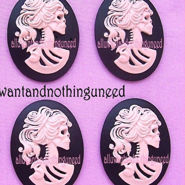 4 Goth Punk Halloween Lolita Bright Pink color LADY SHE SKULL on Black 40mm x 30mm Cameos Skeleton Day Dead Cabochons for Costume Jewelry