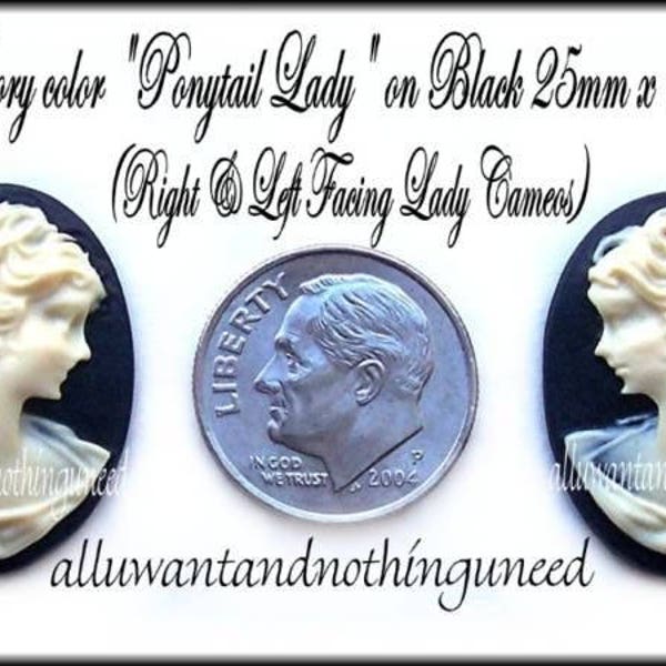 6 (3 Pairs) Right & Left Facing Ivory Color on Black 25mm x 18mm Classic PONYTAIL LADY Profile CAMEOS Lot Cabachons Cameo Costume Jewelry