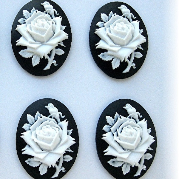 4 Roses Floral Rose Flower White Color on Black 40mm x 30mm Resin CAMEOS LOT for Making Costume Jewelry