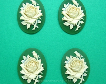 4 Ivory Color Rose on Irish Green 40mm x 30mm Flower CAMEO Cabochons Cameos for Costume Jewelry or Crafts